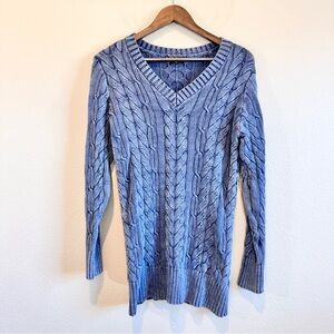 DG2 Diane Gilman Cable Knit V Neck Sweater Tunic Blue Preppy Fisherman Cotton L
